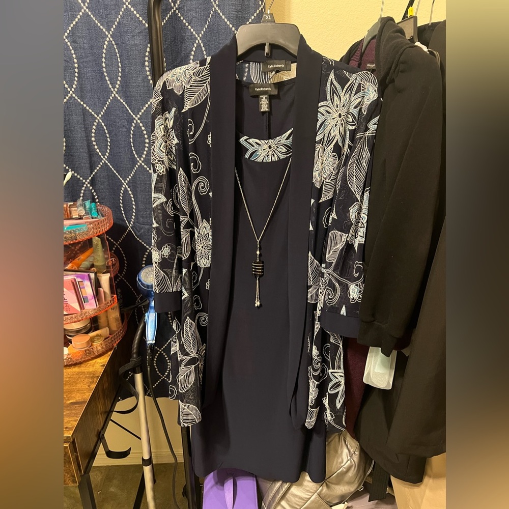 New without tags. R&M Richards tank dress with jacket/cover and necklace. 16
